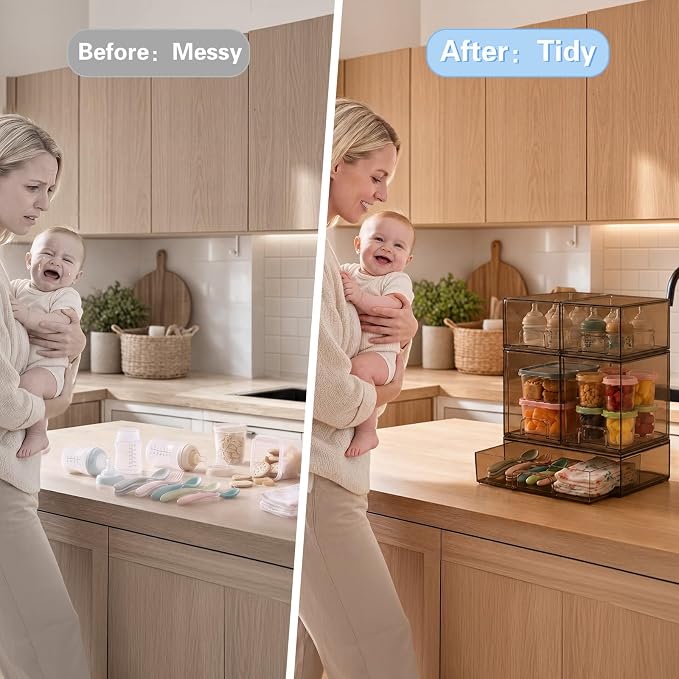 Baby Bottle Organizer, 5 Pack Tea Brown Acrylic Stackable Storage Drawers, Baby Bottle Storage Organizer for Countertop, Nursery, Vanity & Cabinet