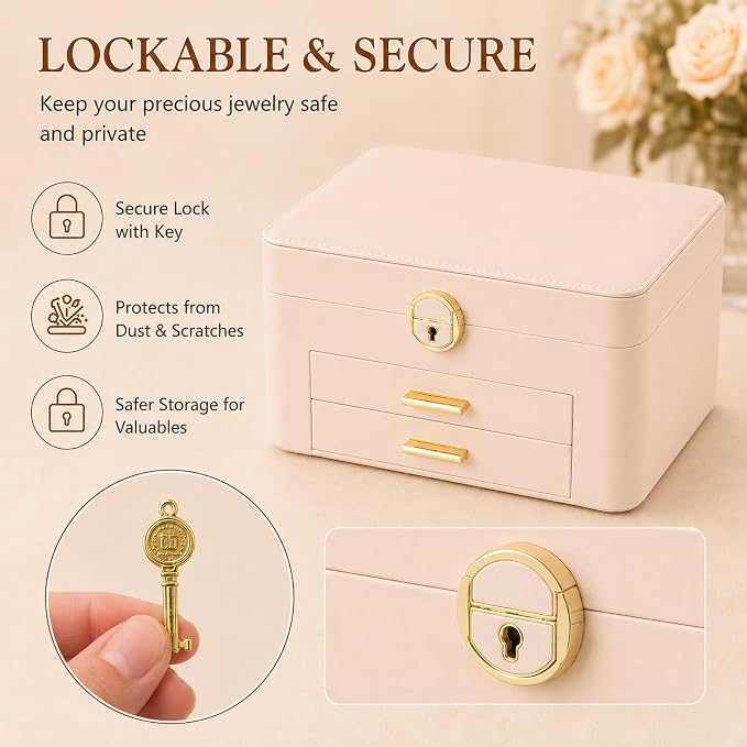 Jewelry Box for Women, Large Dresser Top Organizer with 3 Layers & 2 Drawers, PU Leather Storage Case for Earrings, Necklaces, Rings, Giftable Vanity Box (Cream white)