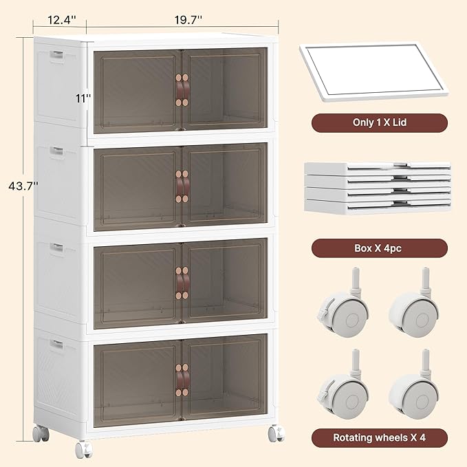 480QT Extra Large Stackable Storage Bins with Lids & Wheels & Door, 120Gal Foldable Collapsible Closet Organizers, Plastic containers drawers for bedroom Dorm