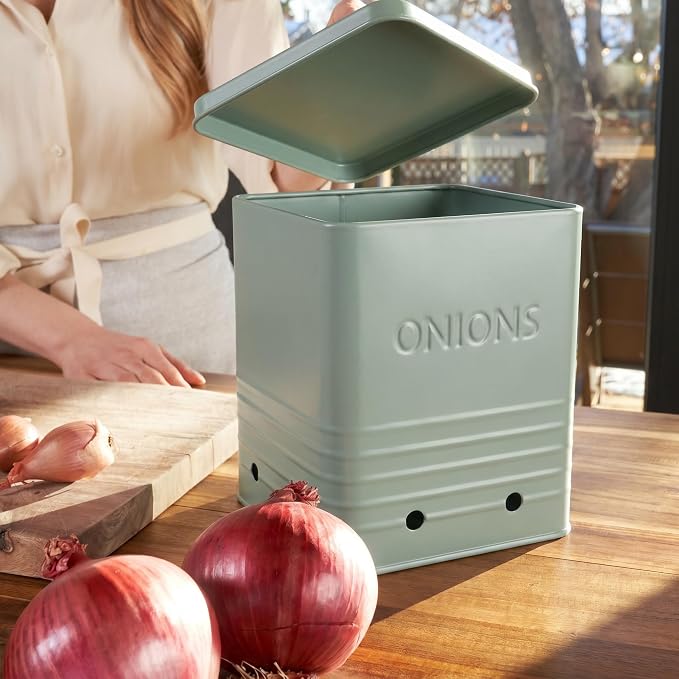 ZICOTO Beautiful Potato and Onion Storage Container Set, 10.1" & 8.9" - Perfectly Sized Spacious Canisters For Your Kitchen Counter Or Pantry - Food Safe Metal Bins Keep Produce Fresh Longer