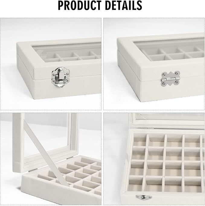 Vicoter Velvet Jewelry Box 24 Grid Jewelry Ring Display Organiser Box Tray Holder Earrings Storage Case for Girls Wife Mom Women (Beige)