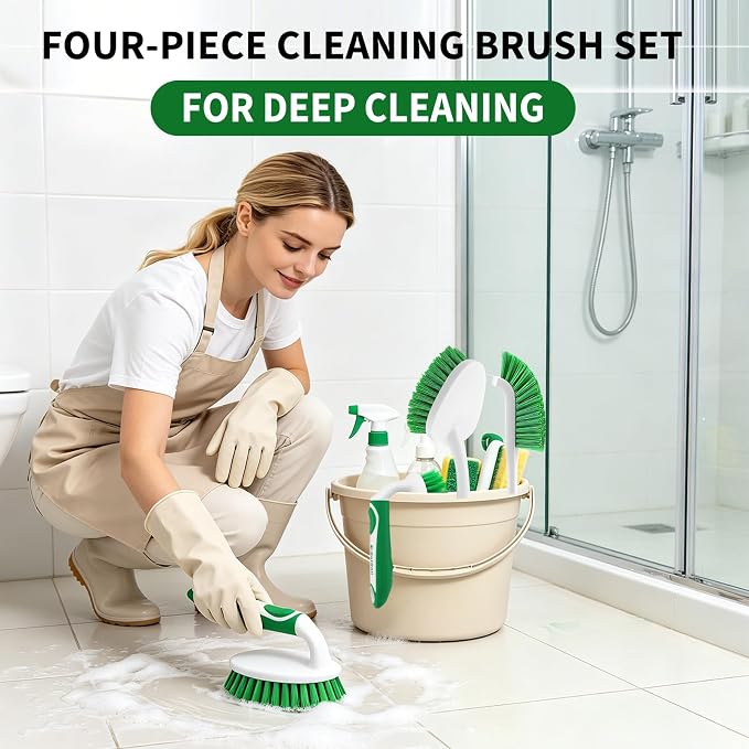 Scrub Brush Set of 4 Pack, Heavy Duty Shower Cleaner Brush with Non-Slip Handle Scrubber Brush Ergonomic Design Cleaning Scrub Brush Set for Household Use, Shower, Floor, Tub, Kitchen