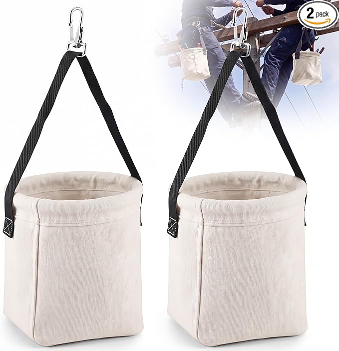 2 Pcs Tool Bags Square-Bottom 8" x 6.5" x 6.5", Canvas Tool Bucket Bag with 2 Interior Pockets & Metal Hook & Closure Loop, All-Purpose Bucket Tools Organizer for Outdoor Work Maintenance