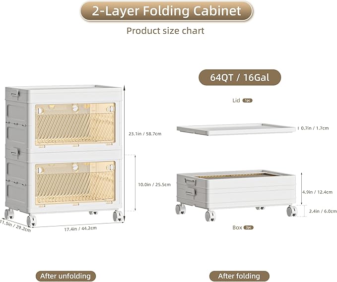 64 QT / 16 Gal Foldable Storage Cabinet with Clear Doors - 3-Point Locking System per Panel, Heavy Duty Casters, Collapsible Design for Warehouse/Office/Home Organization
