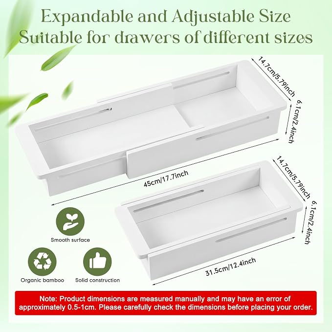 LemonRoad 1 Pcs Sliding Drawer Organizer 12.4-17.7 Inch Bin Bamboo Drawer Expandable Bins Utensil Organizer for Kitchen Spoons Forks Knives (White)
