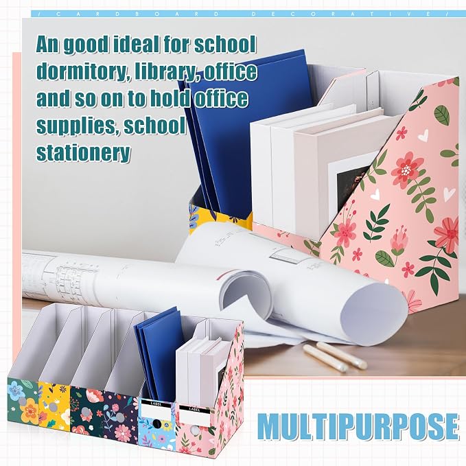 PerKoop 12 Pcs Decorative Magazine File Holders Floral Foldable File Folders Magazine Storage Boxes Rack Desk Organizer Documents with Printable Labels for School Office Home (Flower Design)
