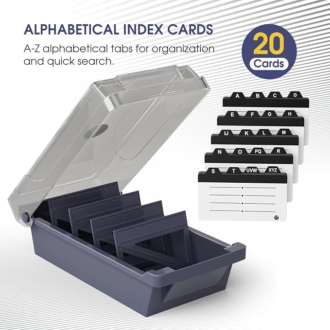 MaxGear Business Card Holder Desk, Large Plastic Business Card Box with Lid | Credit Cards Organizer Box for Office, File Storage Holds Up to 500 3.5” x 2.2” Cards, with Dividers A-Z Index Tabs, Gray
