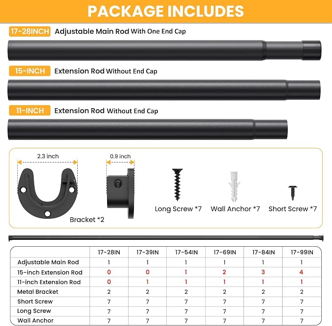 Closet Rods for Hanging Clothes, 17-69 Inch No-Cut Stepless Adjustable Closet Rod, 1.3 Inch Heavy Duty Metal Closet Hanging Rod with Brackets, Matte Black Closet Bar for Closet, Laundry Room, RV