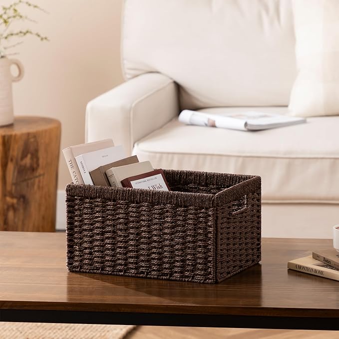 joybest Dark Brown Wicker Baskets for Shelves, 13.4L x 8.3W x 7.1H inch Hand-woven Storage Baskets for Pantry Organizing, Foldable Rectangular Bin with Handles, 4-pack