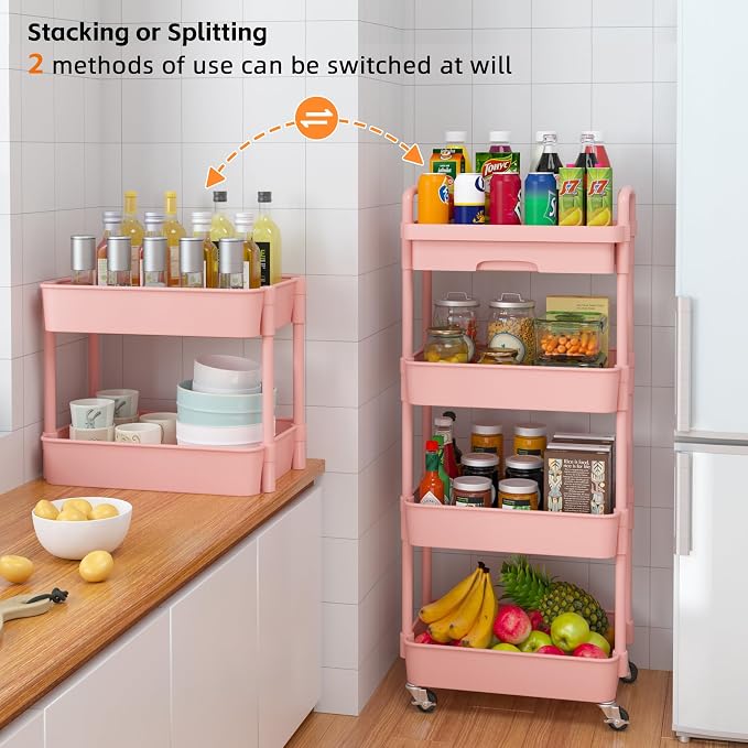 Calmootey 4-Tier Rolling Utility Cart with Drawer,Multifunctional Storage Organizer with Plastic Shelf & Metal Wheel,Storage Cart for Kitchen,Bathroom,Living Room,Office,Pink | Space-Saving Organizer, Sturdy Plastic Shelves, Smooth-Rolling Metal Wheels...