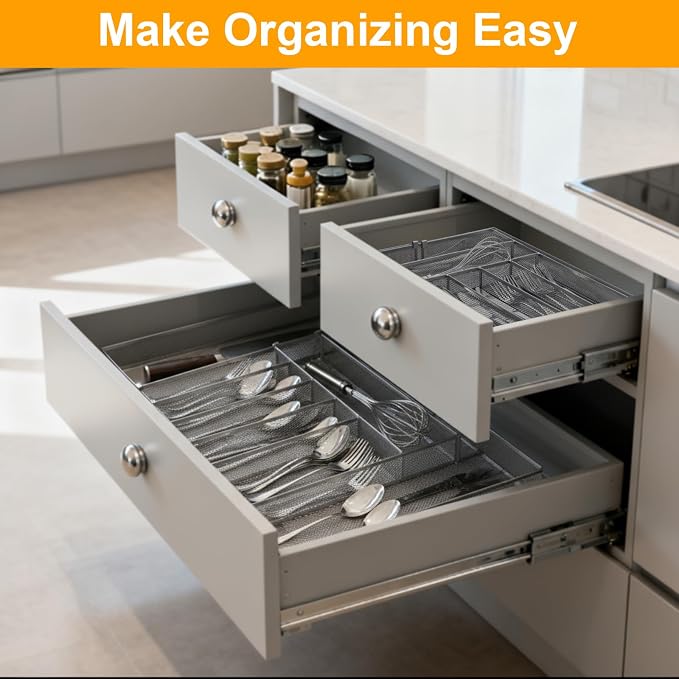 2 Pcs Utensil Drawer Silverware Organizer, Metal Mesh Expandable 13" ~24" Kitchen Drawer Organizer, 7-9 Slots Cutlery Tray Dividers for Kitchen Flatware Christmas Housewarming Gift (Sliver)