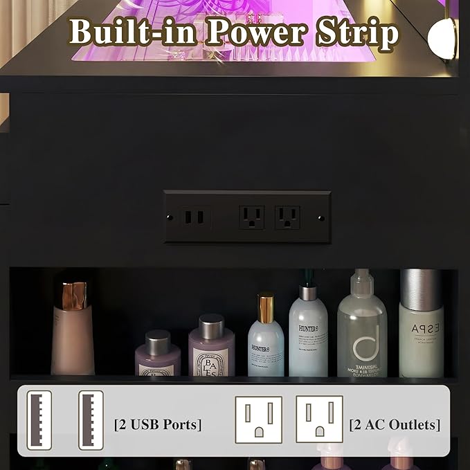 HUAHUU Vanity Desk with Lighted Mirror & Transparent Top, Makeup Vanity Desk with 4 Transparent Drawers and RGB Lighting, Built-in Power Outlet, 3-Tier Side Shelves & Storage Organizer for Bedroom