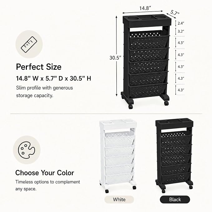 6-Tier Rolling Bookshelf Magazine Rack with Wheels Black | Mobile Bookcase, Book Storage File Folder Organizer Cart for Home Study Office Living Room Classroom