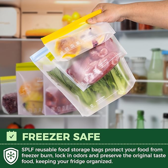 SPLF 6 Pack Stand-Up Reusable Gallon Freezer Bags Dishwasher Safe, Extra Thick 1 Gallon Leakproof Food Storage Bags, BPA and Silicone Free Freezer Bags for Meal Prep, Bread, Veggies, Home Organization