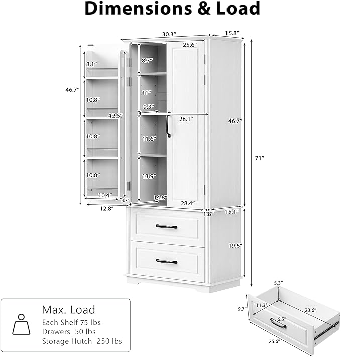 Amposei Farmhouse Kitchen Pantry Cabinet 71-Inch Tall Freestanding Pantry Storage Cabinet Cupboard with Adjustable Shelves for Kitchen Laundry Living Dining Room, White