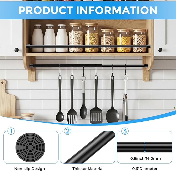 1 Pack Spring Loaded Tension Rod 16-26" Adjustable Curtain Rods No Drill Extendable Spring Rod Tension Curtain Rods For Window Kitchen Shelves Rv Refrigerator And Small Spaces,Black