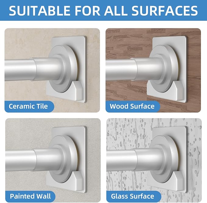 CorkLatta Matte Silver Shower Curtain Rod,1 Inch Diameter Stainless Steel Adjustable Spring Tension Rods 32 to 80",with Holders,Anti-Slip,Curtain Rods No Drilling(1 Pack)