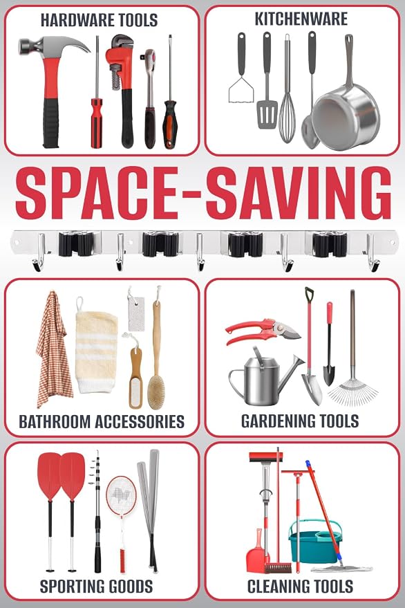 The Good Stuff Heavy Duty Mop and Broom Holder Wall Mount – Stainless Steel 5-Rack Organizer with 4 Hooks – Space Saving, Rust-Resistant Utility Rack for Garage, Kitchen, Laundry or Garden Tools