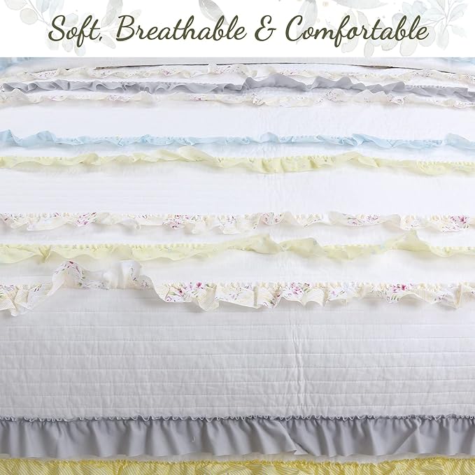 Cozy Line Home Fashions Light Yellow Blue Ruffle Stripe Floral 100% Cotton Reversible Girl Quilt Bedding Set, Reversible Coverlet Bedspread for All Season (California Dreaming, Twin-2 Piece)