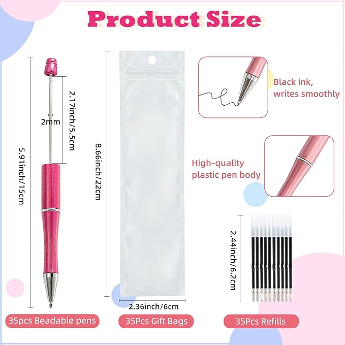 105 Pcs Beadable Pens Bulk - 35 Plastic Ballpoint Pens for Beads with Refills & Bags, DIY Pen Making Kit, Craft Gifts for Students & Teachers, Perfect for Office, Beads Pen Supplies (Colorful)