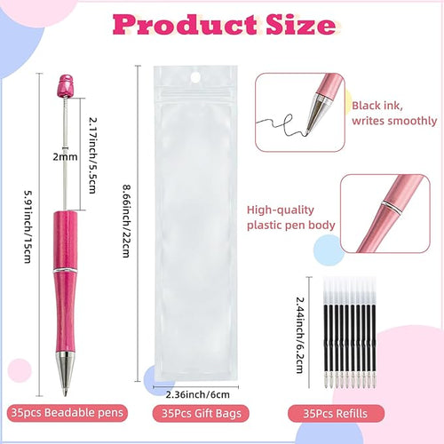 105 Pcs Beadable Pens Bulk - 35 Plastic Ballpoint Pens for Beads with Refills & Bags, DIY Pen Making Kit, Craft Gifts for Students & Teachers, Perfect for Office, Beads Pen Supplies (Colorful)