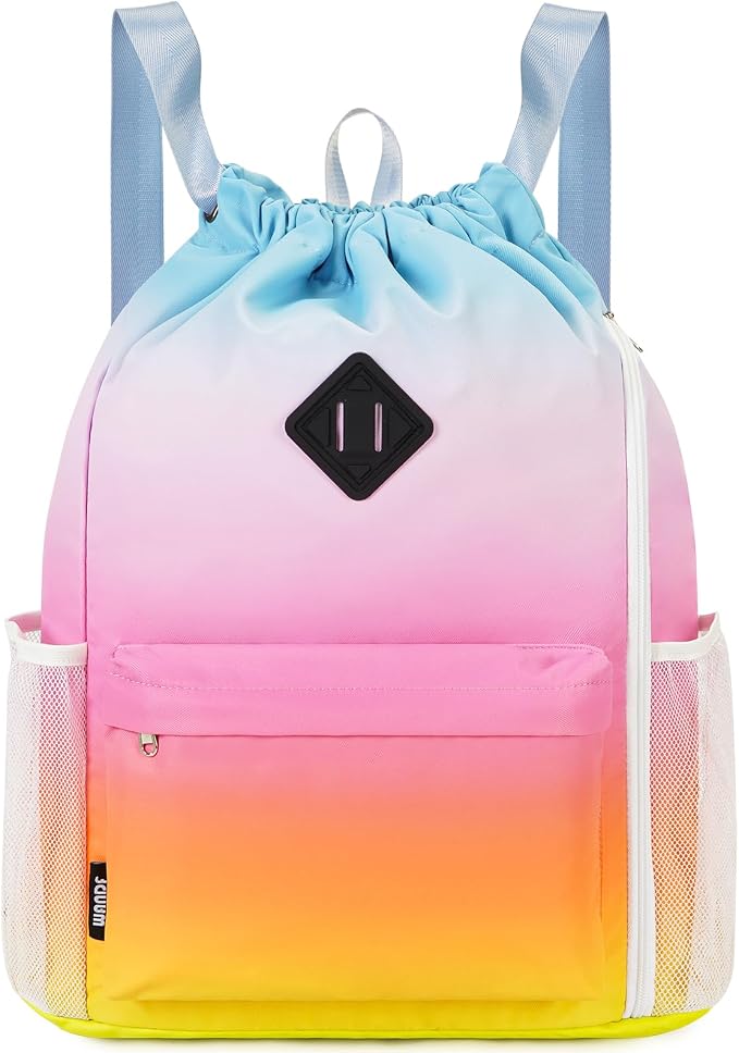 WANDF Drawstring Backpack with Shoe Compartment, Sports Gym Bag | Multi-Pocket Storage, Water-Resistant Fabric, Cinch String Bag