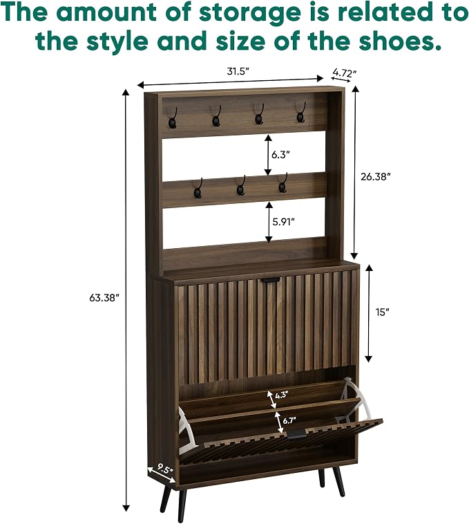 Smuxee Shoe Cabinet with 2 Flip Drawers & Coat Rack Hooks, 31.5" Walnut Hidden Shoe Storage Cabinet, 2-in-1 Hall Tree Slim Freestanding Shoe Rack Organizer for Entryway, Hallway, Living Room