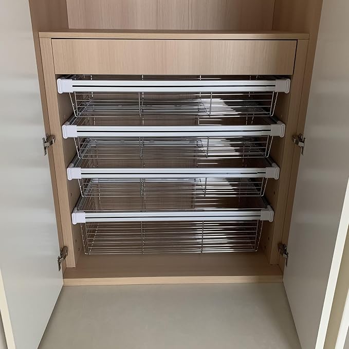Pull Out Cabinet Storage Basket 1 Piece,Stackable Detachable Baskets,Metal Wire Mesh Storage Basket Organizer,for Kitchen Office Wardrobes Cupboard,Bearing Capacity 30kg(White,460x664x170mm)