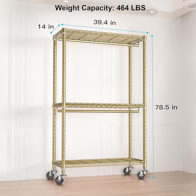 FUTASSI P3 Rolling Clothes Rack, Clothing Racks for Hanging Clothes, Heavy Duty Garment Rack with Wheels, Freestanding Portable Closet Racks 39.4'' W x 14'' D x 78.5'' H, Max Load 470 LBS, Gold