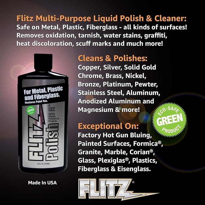 Flitz Multi Purpose Metal Polish Liquid - 7.6oz Bottle of USA-Made Tarnish Remover - For Aluminum, Chrome, Brass, Nickel, Silver - Non-Abrasive Metal Cleaner and Polish, Restorer (6 Pack)