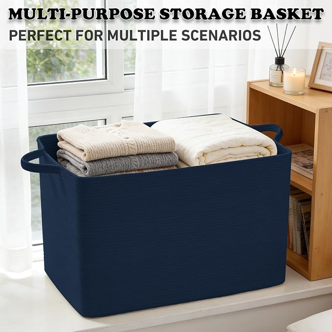 96L Extra Large Navy Cotton Rope Laundry Basket with Sturdy Handle | 24x16x15 Foldable Rectangular Blanket Basket for Toys, Clothes & Pillows,Ideal for Nursery, Bathroom, Bedroom, Living Room