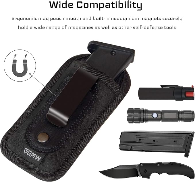 GMW Universal Magnetic IWB/OWB Magazine Holster [2-Pack] | Magazine Pouch for 9mm 1911 .380 .40 .45 Glock 17 19 43 M&P S&W | Pistol Mag Pouch for Single/Double Stack Handgun Magazines and Ammunition