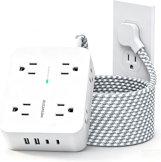 HANYCONY Ultra-Thin Flat Plug Extension Cord, 8-Outlet Surge Protector 5Ft | 1080J Multi Plug Power Strip with 4 USB C, Widely Spaced Outlets Braided Extension Cable, Desktop Charging Station for Dorm