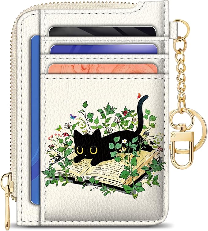 GIANCOMICS Slim Wallet Credit Card Holder Women, Black Cat Rfid Blocking Small Card Case, Keychain Thin Pocket Curved Zipper Wallet, Travel Card Holder PU Leather ID Window, Ladies Female Gifts