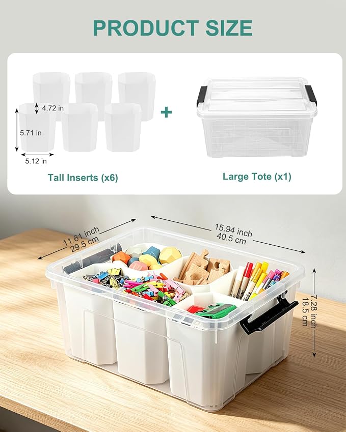 EOENVIVS Clear Storage Tote with 6 Tall Inserts, Stackable craft organizers and storage Box, Plastic Storage Bins with Lids and Handles for Crafts, Jewelry & Sewing, Art Supplies, Markers, Pens