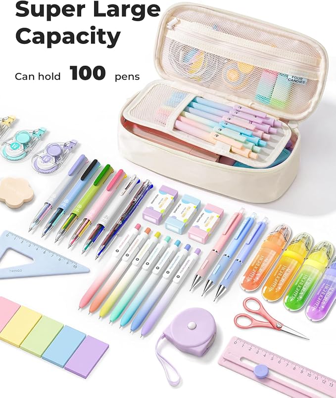 Four Candies Large Pencil Case, 5 Compartments Pen Organizer, Big Capacity Canvas Pencil Pouch Bag for School Supplies, Portable Stationery Holder for Teen Girls, Women (White)