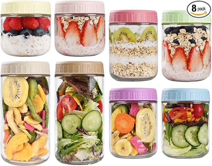 SHOWIN Overnight Oats Containers with Lids, Glass Jars with Lids 8 pcs, Wide Mouth Mason jars for Salad, Yogurt, Snacks, Meal Prep