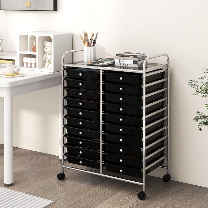 LDAILY 20-Drawer Rolling Storage Cart, Rolling Storage Cart, Storage Organizer on Wheels, Metal Frame, Scrapbook Paper Tools, Suitable for Office School, Classroom (Black, 20 Drawer)