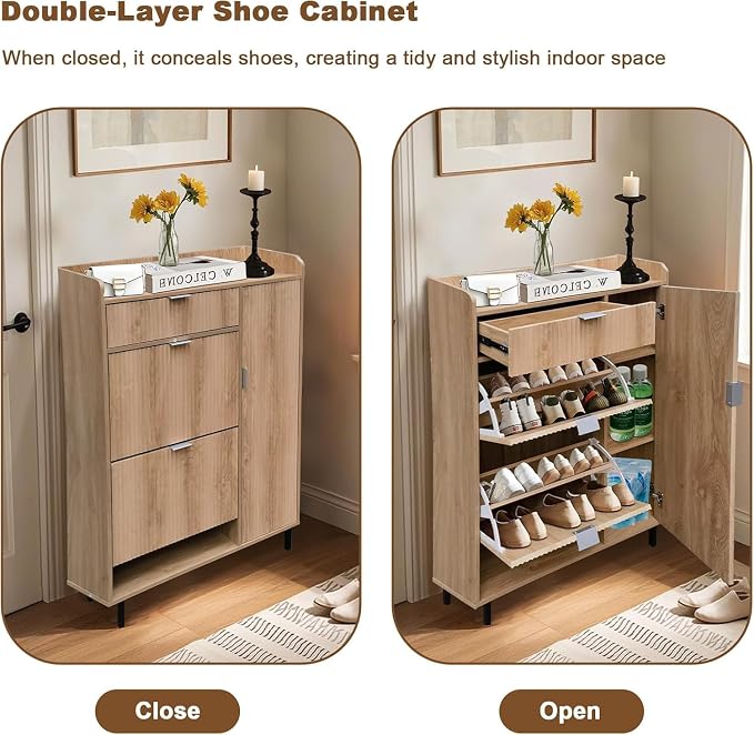 GarveeHome Narrow Wave Pattern Shoe Storage Cabinet with 2 Flip Down Drawers, Freestanding Entryway Shoe Organizer with Adjustable Inner Shelves & Metal Legs for Hallway Bedroom Small Spaces