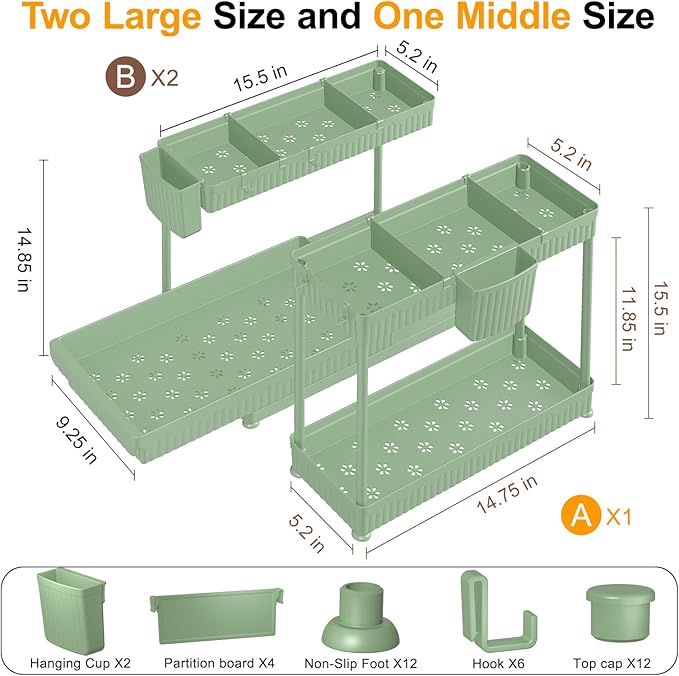 Sevenblue 3 Pack Multi-Purpose Under Sink Organizers and Storage, 2026 L-Shaped Pull Out Cabinet Organizer for Bathroom & Kitchen, Under Cabinet Organizer with Hooks Hanging Cup (Green, 14.85 inch)