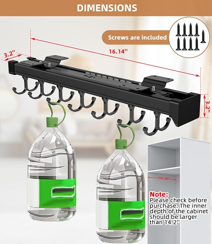 Pull Out Broom Holder With Adjustable Double Row Sliding Hook-Black 16.14in | High Load Capacity, Multifunctional Slide Broom And Mop Storage/Garage Organization Hooks, for Closet Laundry, kitchens