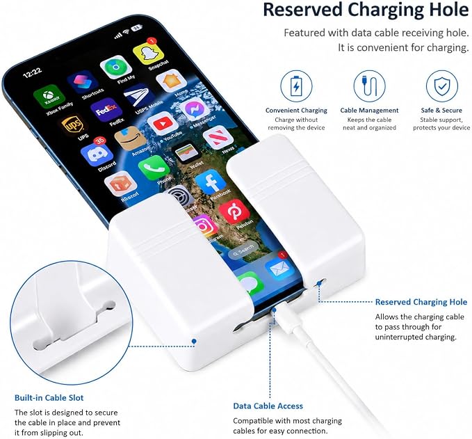 Wall Phone Holder, Adhesive Phone Wall Mount with Cable Hole, Bathroom Bedside Kitchen RV Phone Holder Compatible with iPhone, Android Phones and Remote Controls (White)