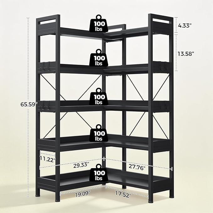 GTPLAYER 5-Tier Corner Bookshelf, L-Shaped Metal Frame Shelf with Tall 14" Shelves, Plant Stand and Storage Rack for Small Spaces, Living Room and Home Office, Black