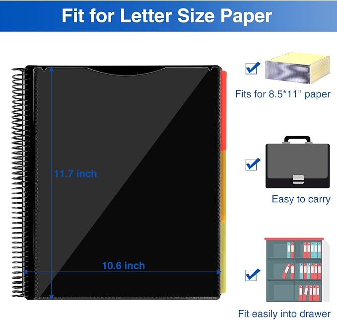 Forvencer 24 Pocket Project Organizer, 1/3-cut Tab Binder Organizer with Sticky Labels, Multi Pocket Folder with Zipper Pouch, Folder Binder Spiral Pocket Notebook, Office Supplies, Letter Size, Black