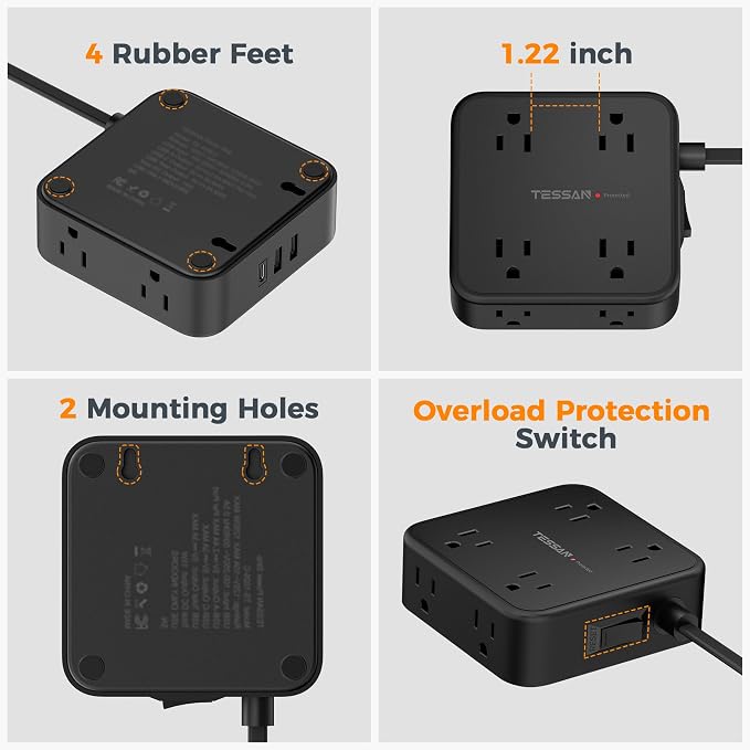 TESSAN Surge Protector Power Strip, 5 Ft Flat Plug Extension Cord with 3 USB (1 USB C) 8 Outlets, 900J Protection, 3 Sided Outlet Extender with Power Switch for Office, Dorm Room, Black