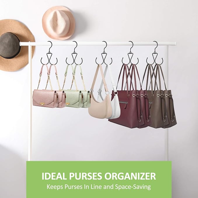 6 Pack Purse Hanger for Closet, 12 Storage Capacity Rotatable Purse Hooks, Hanging Backpack Bag Holder, Closet Organizers and Storage, Black