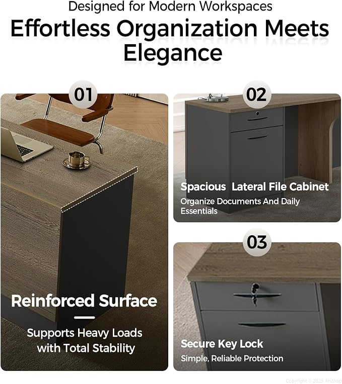 Modern L-Shaped Reception Desk with Counter - 79 Inches Front Desk with Storage Cabinet, Open Shelves, Lockable Drawer & Keyboard Tray for Office, Lobby, Checkout (Tobacco Wood & Iron Gray - Right)