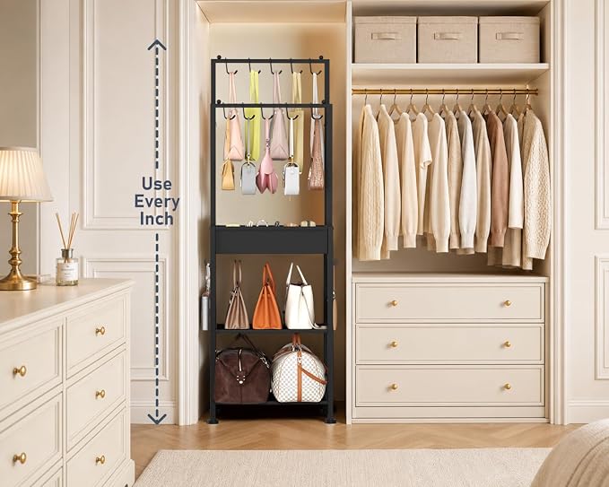 DIMJ Purse Organizer for Closet - Floor-standing Handbag Organizer Rack with 16 Hooks, Purse Storage Shelf Stand for Handbags, Totes, Wallets, Scarves, Bedroom Entryway and Walk-in Closet, Black