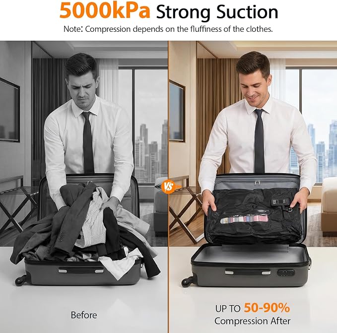 KXB Travel Vacuum Seal Bags with One-Button Suction, 34L Compression Packing Cubes for Carry-On Suitcase & Travel Backpack, Reusable IP67 Waterproof Vacuum Storage Kit for Luggage