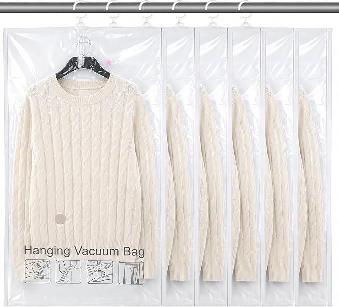 6 Pcs Clear Hanging Vacuum Seal Bags for Clothing 43.3" x27.6" | Reusable Compressed Space Saver Vacuum Storage Bags Vacuum Seal Storage Bag for Closet Organizer Suits Coats Jackets Dress
